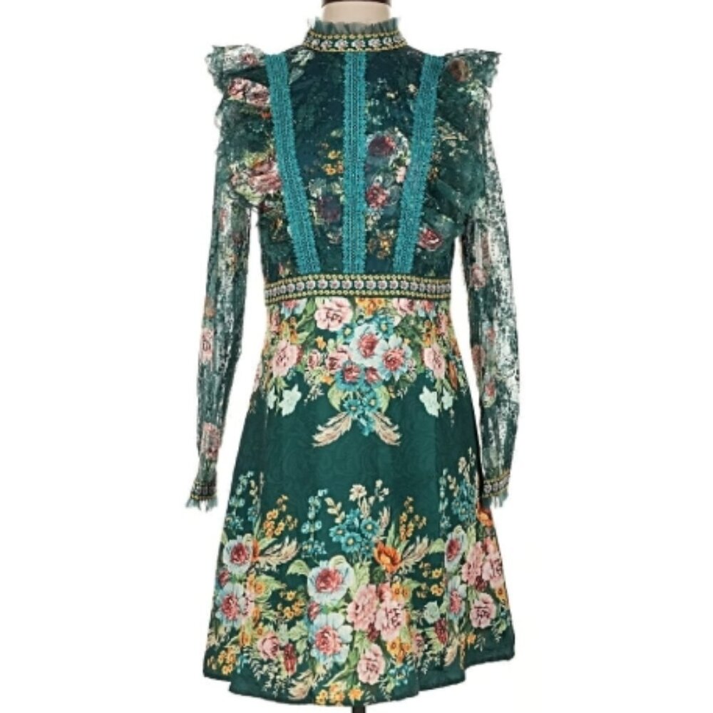 Glory & Co Teal Floral Lace Long Sleeve Mini Dress Vtg Garden Party Cottagecore - Picture 1 of 7